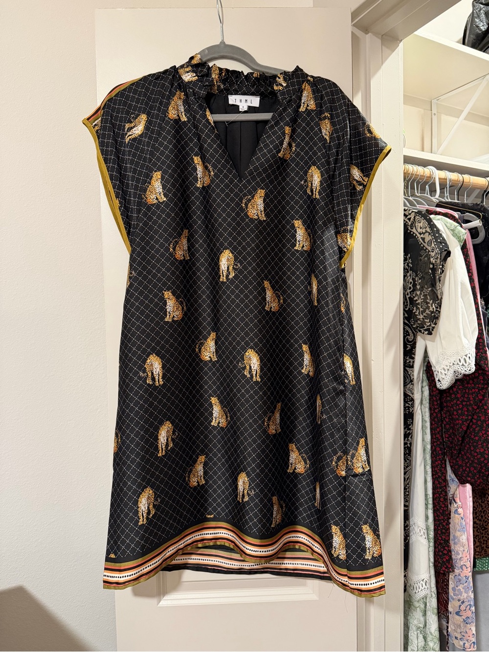 THML Black Mini Dress with Gold Leopard Print